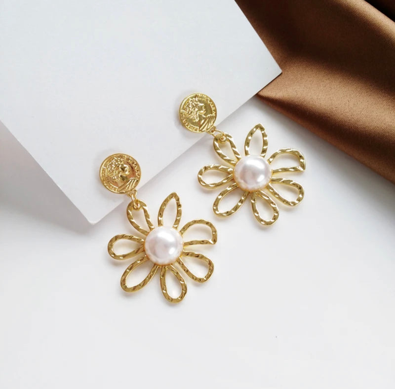 Clip on 2" matte gold lady flower earrings with dangle white pearl center
