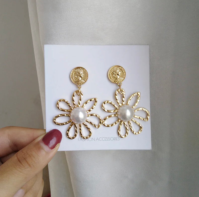 Clip on 2" matte gold lady flower earrings with dangle white pearl center