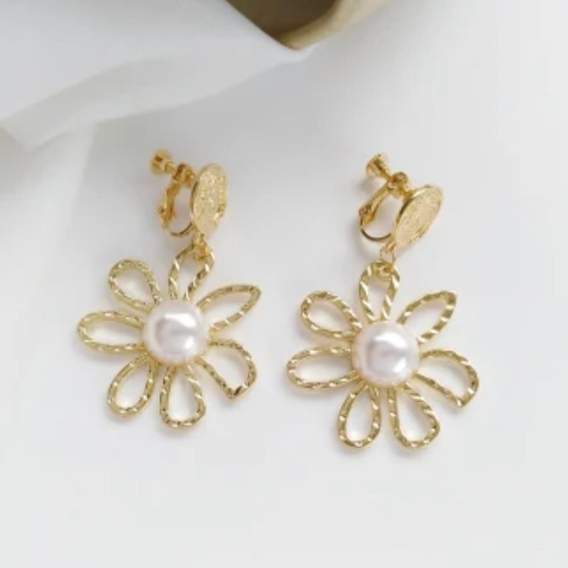 Clip on 2" matte gold lady flower earrings with dangle white pearl center