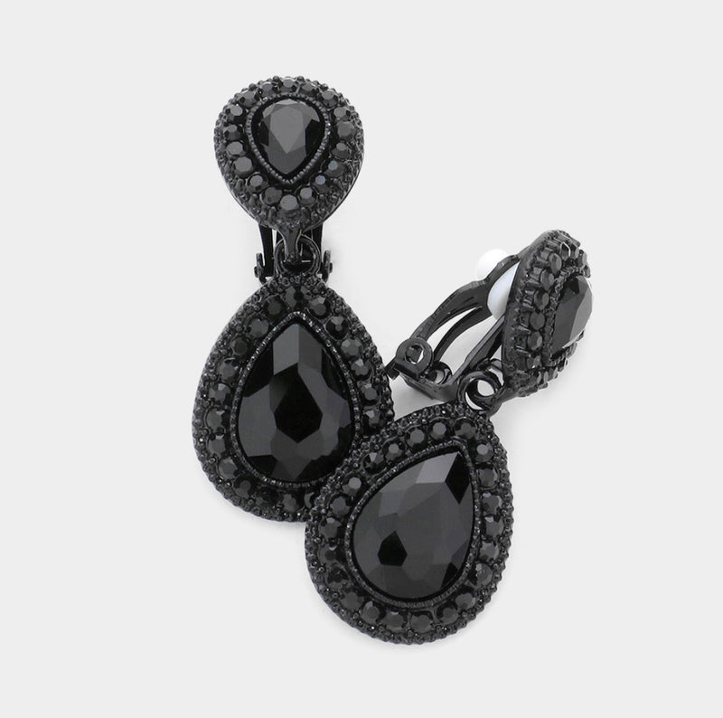 Clip on 1 1/2" black stone dangling double teardrop earrings