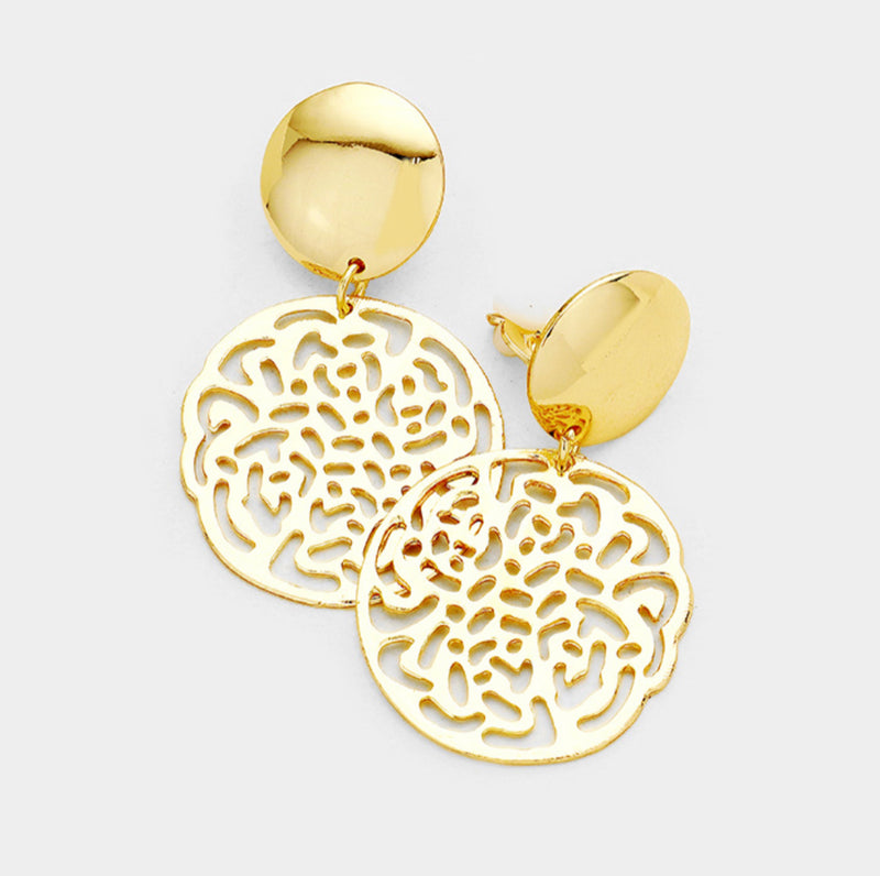 Clip on 2 1/4" shiny gold dangle cutout circle earrings