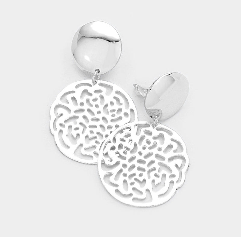 Clip on 2 1/4" shiny silver dangle cutout circle earrings