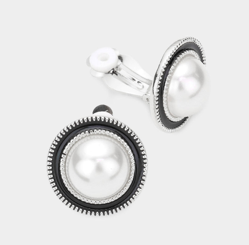 Clip on 1" silver and white pearl earrings w/black edges