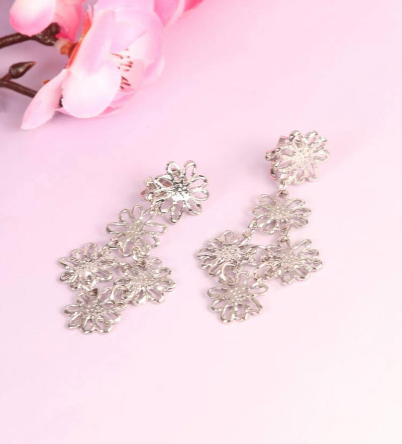 Clip on 2 1/2" silver layered cutout flower dangle earrings