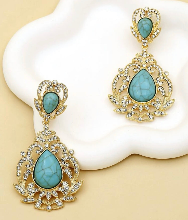 Clip on 3 1/2" lg gold, turquoise and clear stone teardrop princess earrings