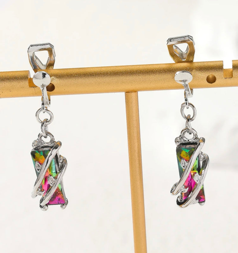 Clip on 1 1/2" silver wire dangle green multi colored fluorescent bead