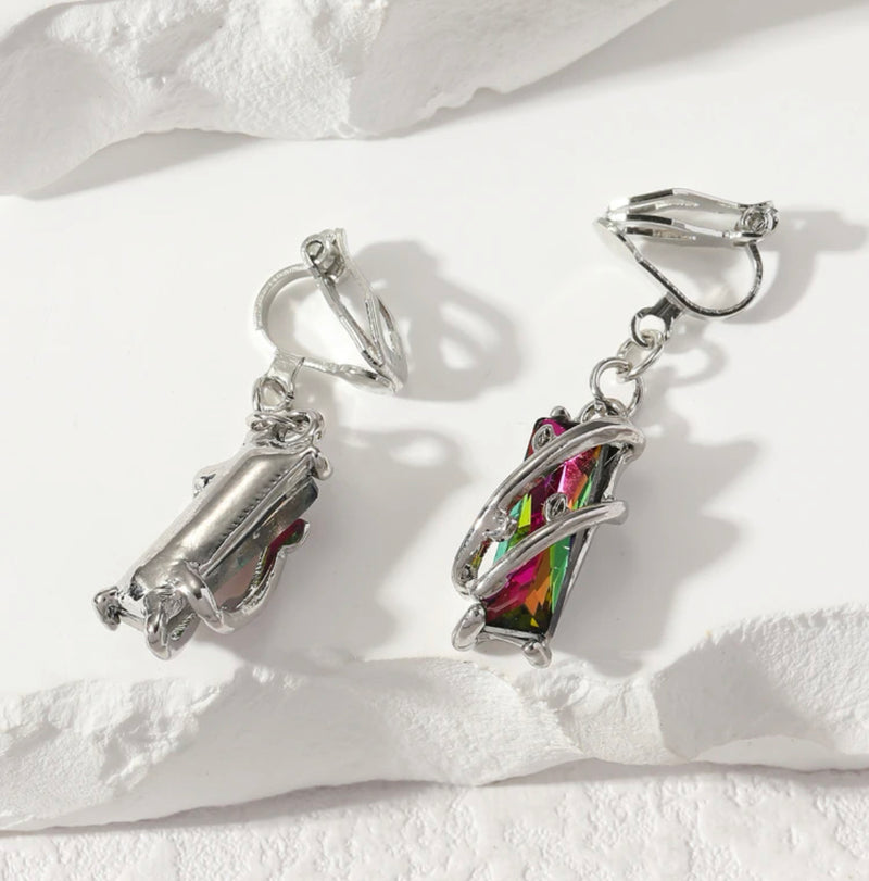 Clip on 1 1/2" silver wire dangle green multi colored fluorescent bead