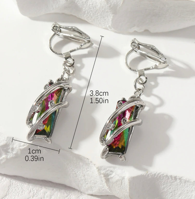 Clip on 1 1/2" silver wire dangle green multi colored fluorescent bead