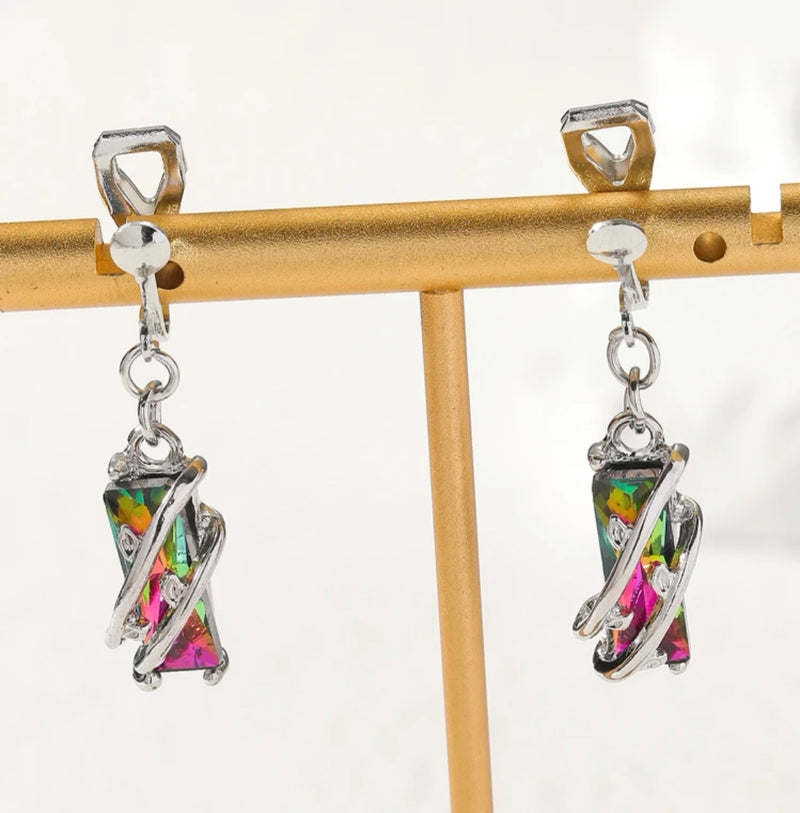 Clip on 1 1/2" silver wire dangle green multi colored fluorescent bead