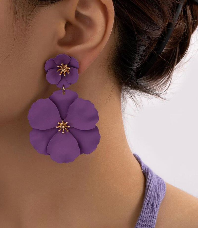 Clip on 2 3/4" gold and purple double flower dangle earrings