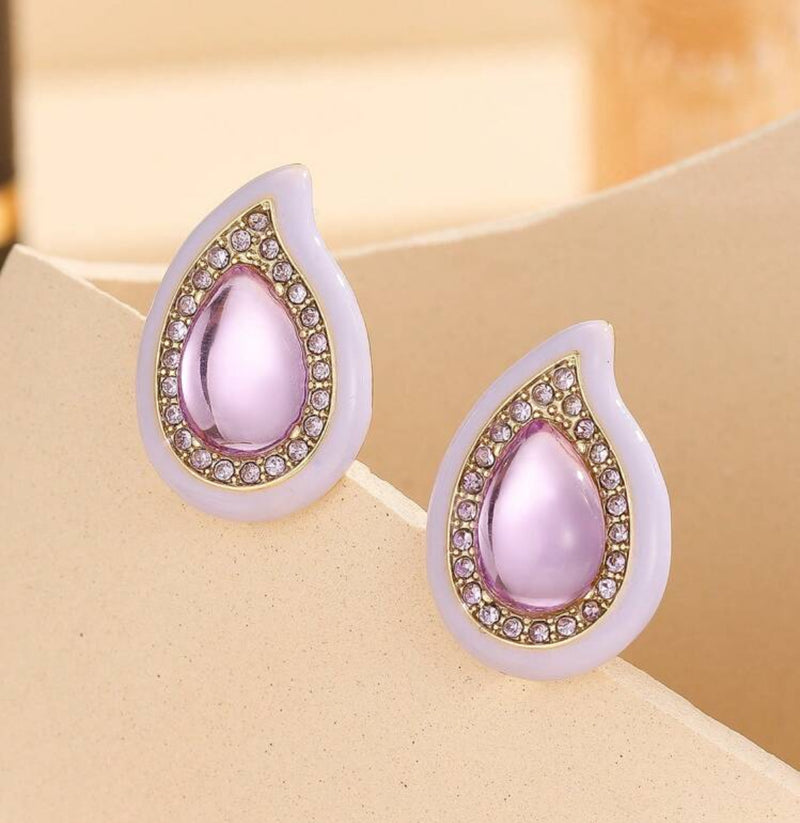 Clip on 1" gold and purple stone curved teardrop button style earrings