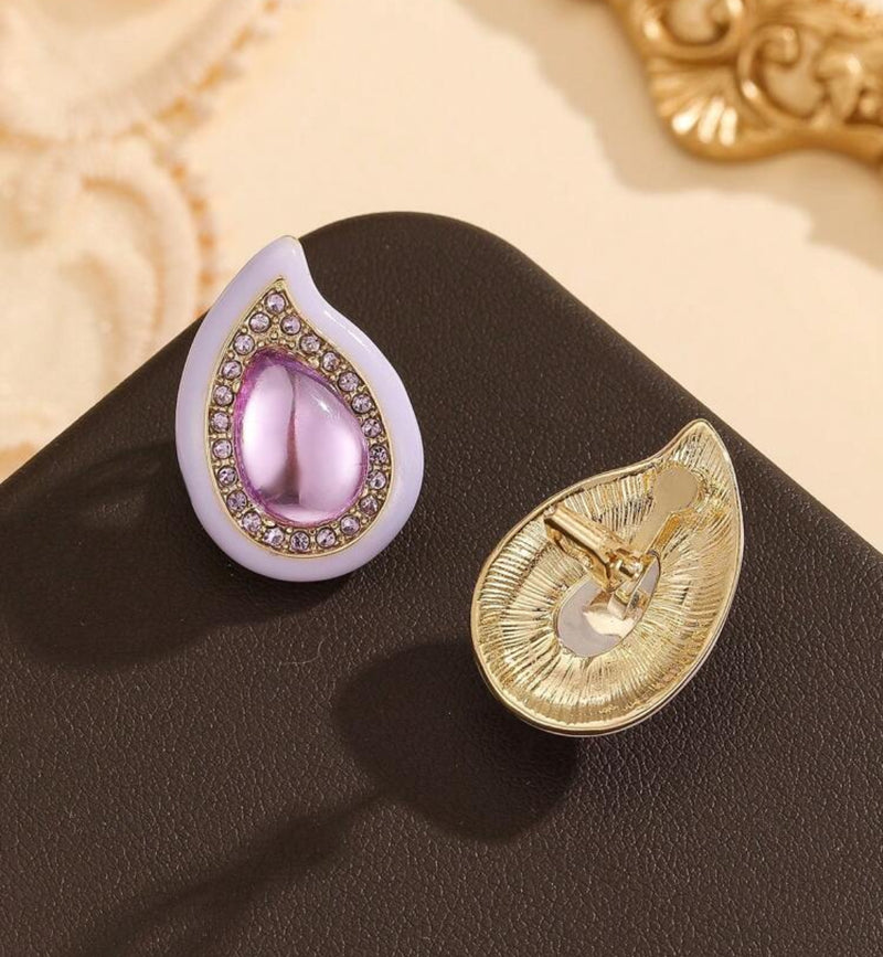 Clip on 1" gold and purple stone curved teardrop button style earrings