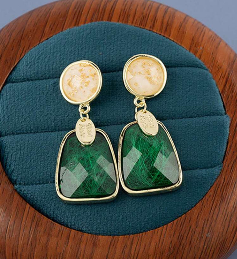 Clip on 2" comfort fit gold, white and green nacre stone dangle earrings