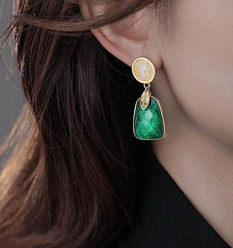 Clip on 2" comfort fit gold, white and green nacre stone dangle earrings