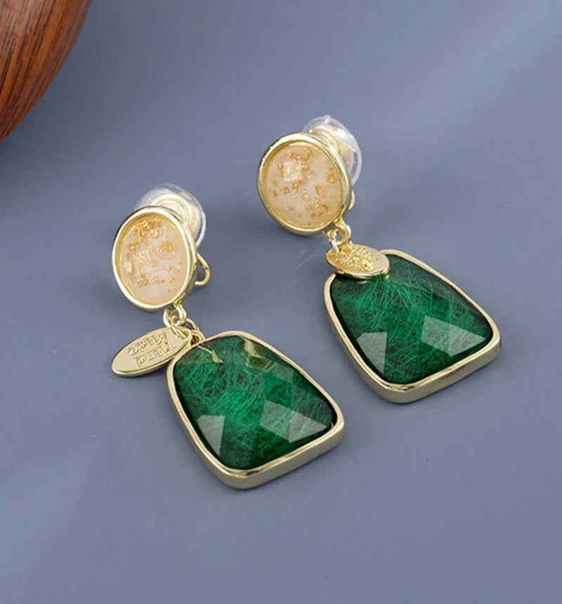 Clip on 2" comfort fit gold, white and green nacre stone dangle earrings