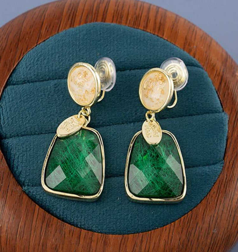 Clip on 2" comfort fit gold, white and green nacre stone dangle earrings