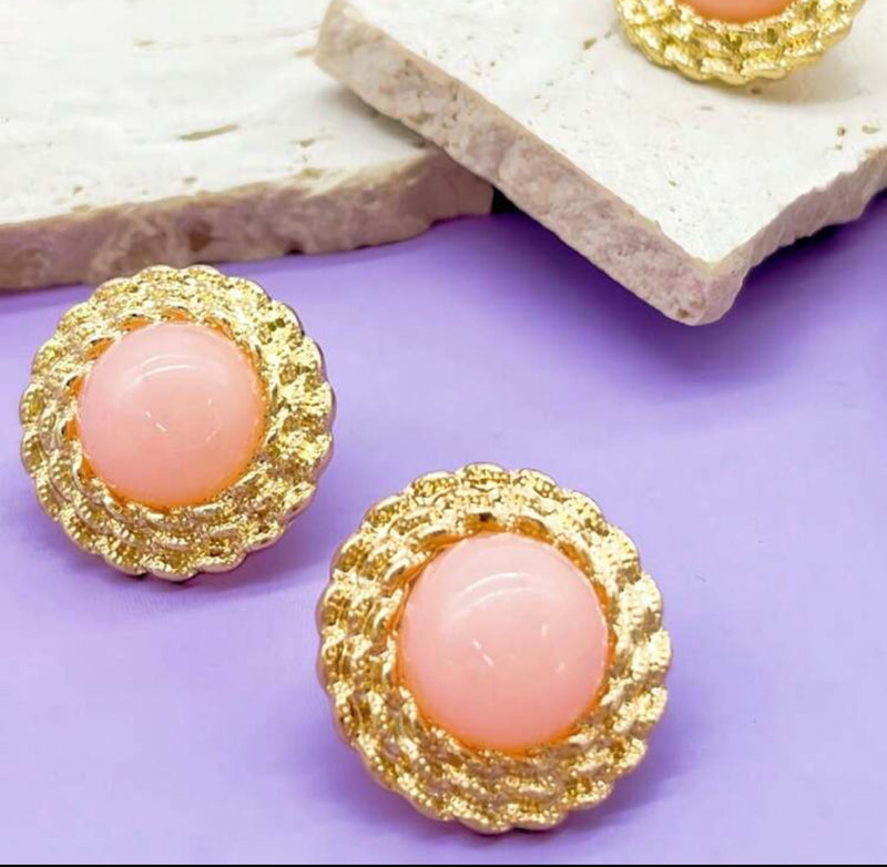 Clip on 1" gold and peach round button style earrings