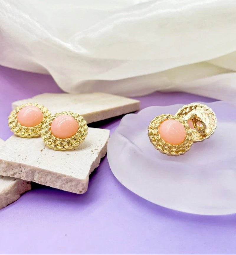 Clip on 1" gold and peach round button style earrings