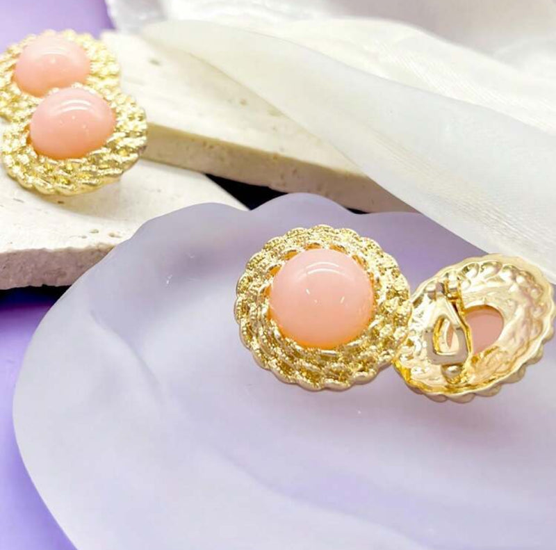 Clip on 1" gold and peach round button style earrings