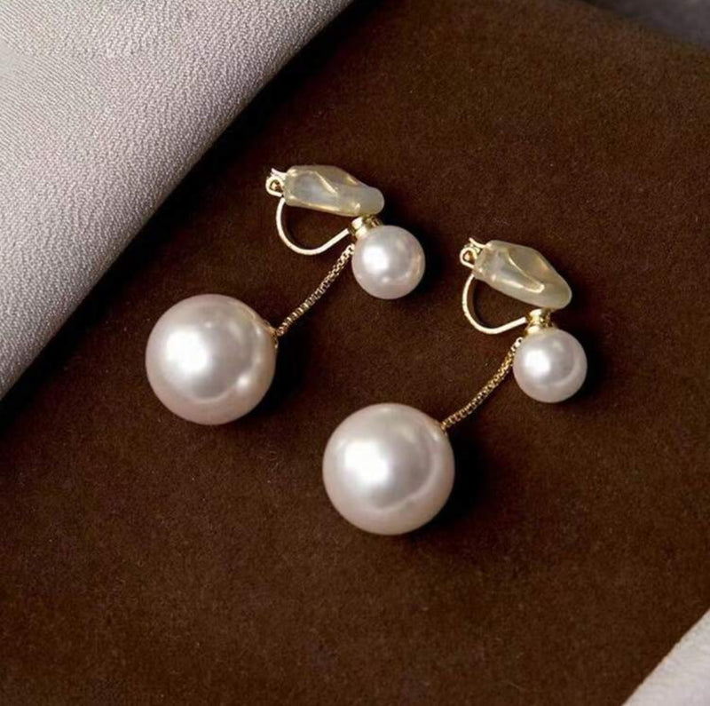 Clip on 1 1/2" gold chain double white pearl dangle earrings