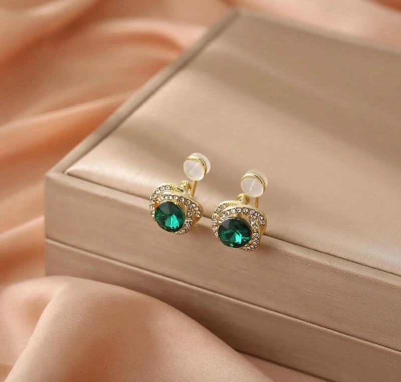 Clip on comfort fit 1/2" small gold, clear and green stone earrings