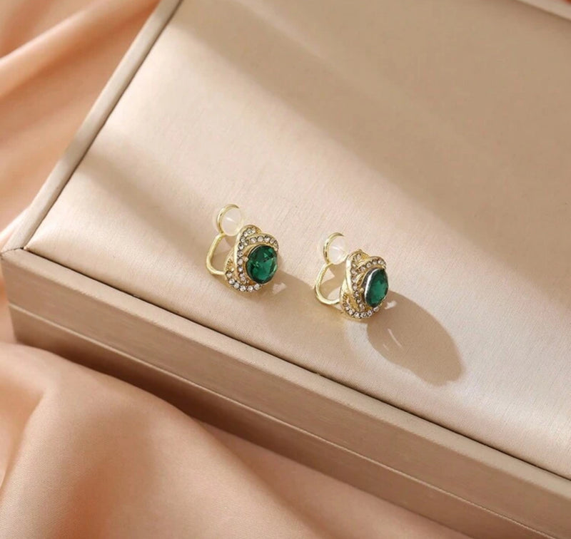 Clip on comfort fit 1/2" small gold, clear and green stone earrings