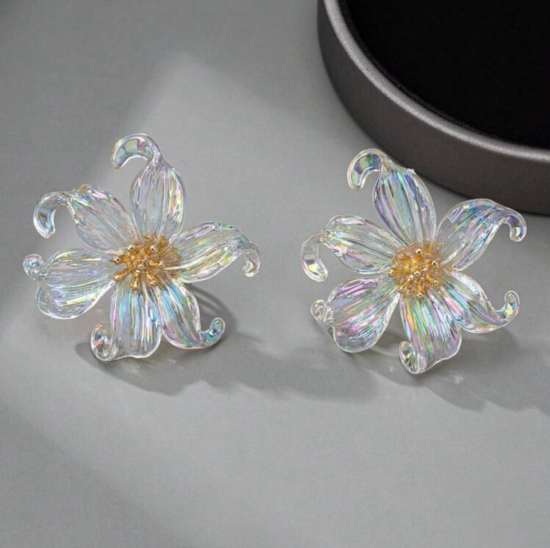 Clip on 2" gold and white fluorescent button style flower earrings