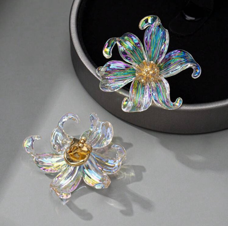 Clip on 2" gold and white fluorescent button style flower earrings