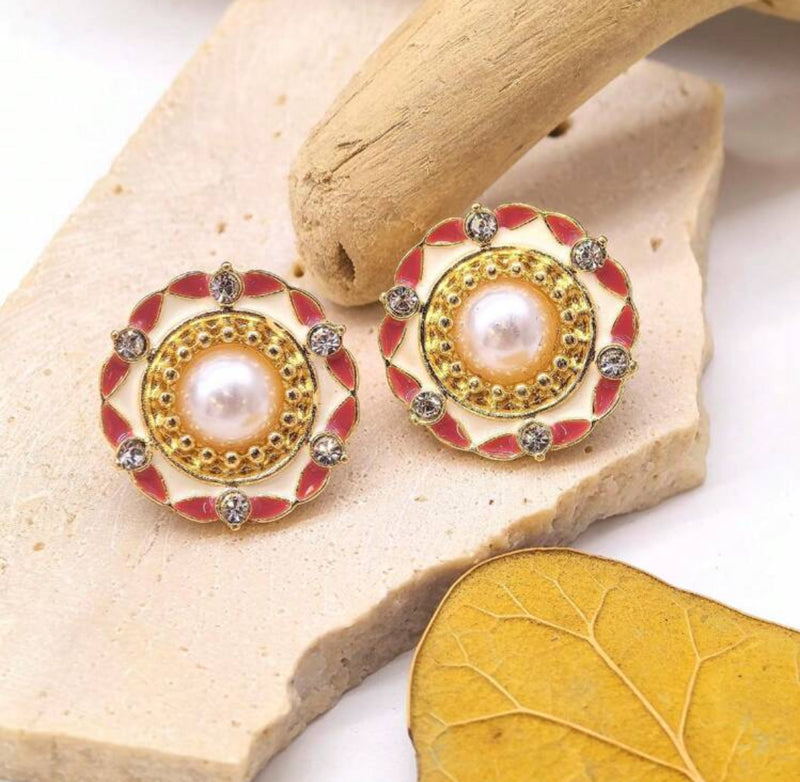 Clip on 1" gold, white and red earrings with pearl and clear stones