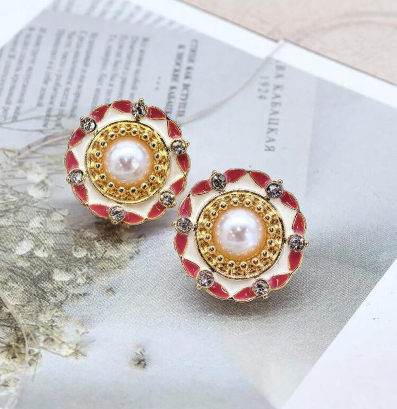 Clip on 1" gold, white and red earrings with pearl and clear stones