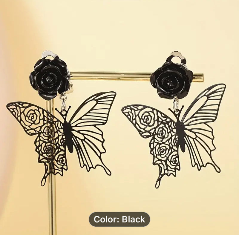 Clip on 2" silver lightweight black flower and butterfly dangle earrings