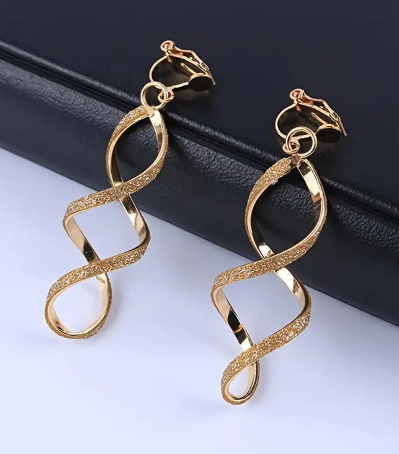 Clip on 2 1/4" gold glitter twisted dangle small clasp earrings