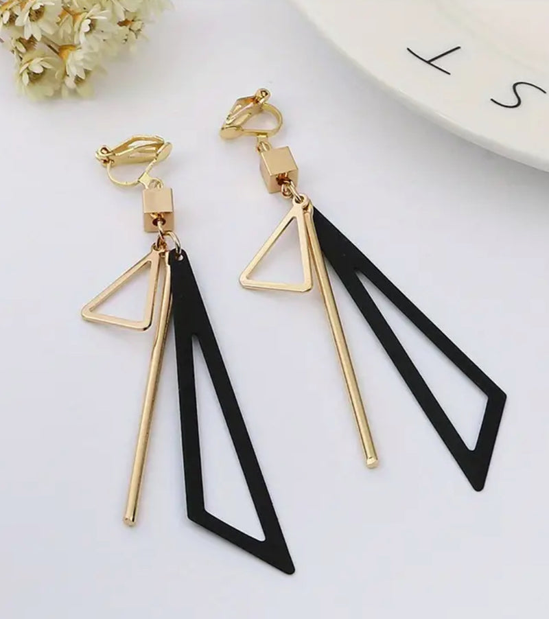 Clip on 3 1/4" gold and black odd shaped dangle earrings