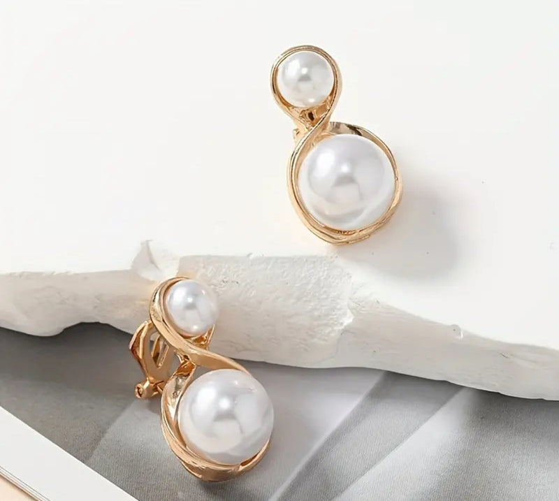 Clip on 1 1/4" twisted gold double white pearl button earrings