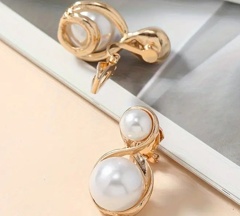 Clip on 1 1/4" twisted gold double white pearl button earrings