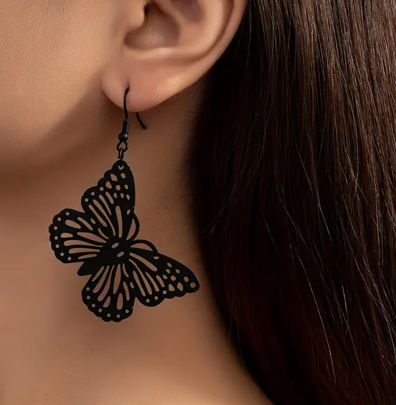 Trendy 2 3/4" pierced black cutout dangle butterfly earrings