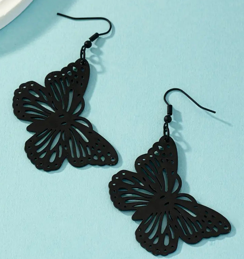 Trendy 2 3/4" pierced black cutout dangle butterfly earrings