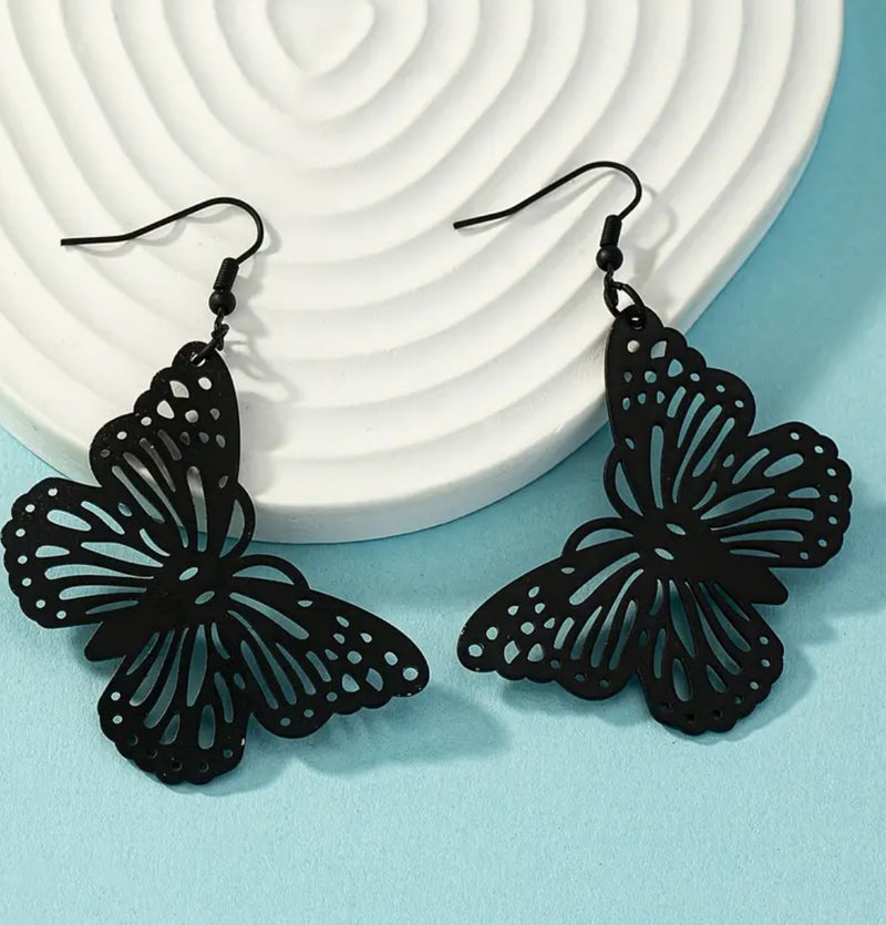 Trendy 2 3/4" pierced black cutout dangle butterfly earrings