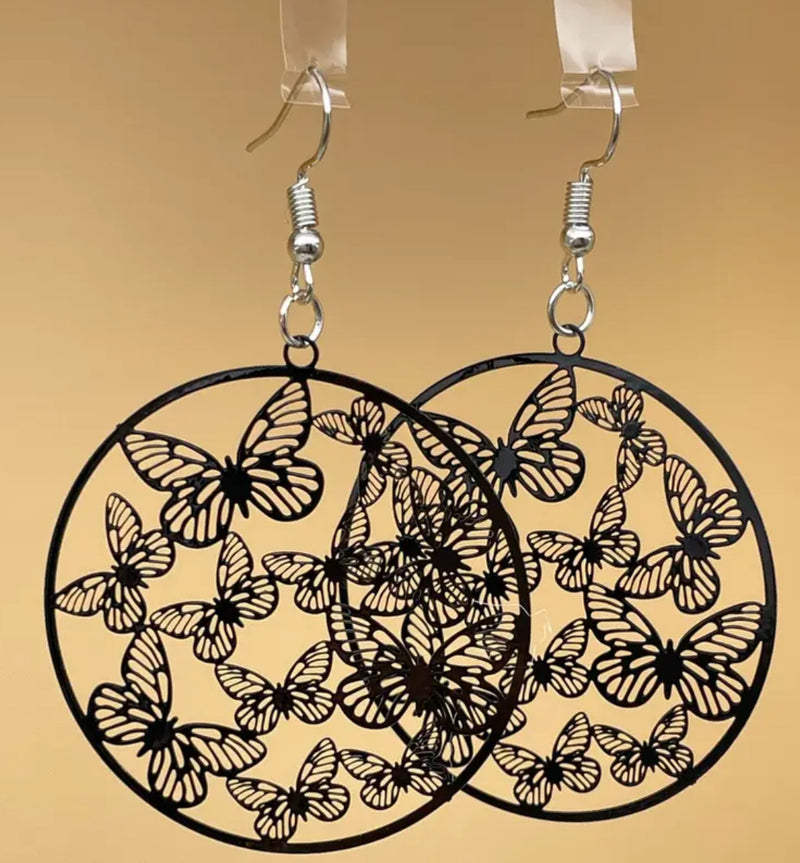 Trendy 2 3/4" pierced silver and black round dangle butterfly earrings