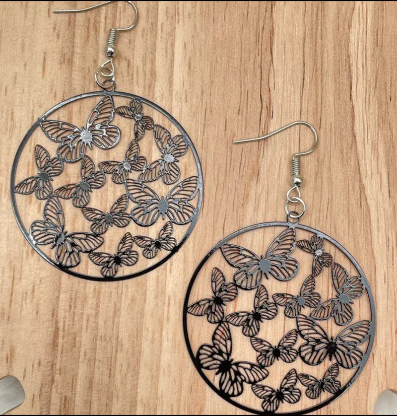 Trendy 2 3/4" pierced silver and black round dangle butterfly earrings