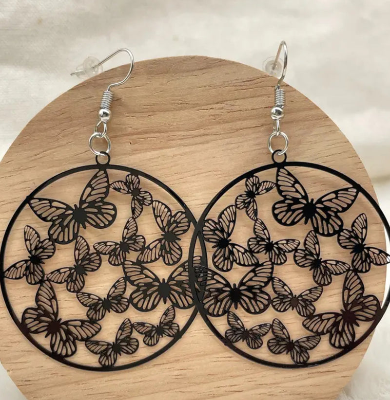 Trendy 2 3/4" pierced silver and black round dangle butterfly earrings