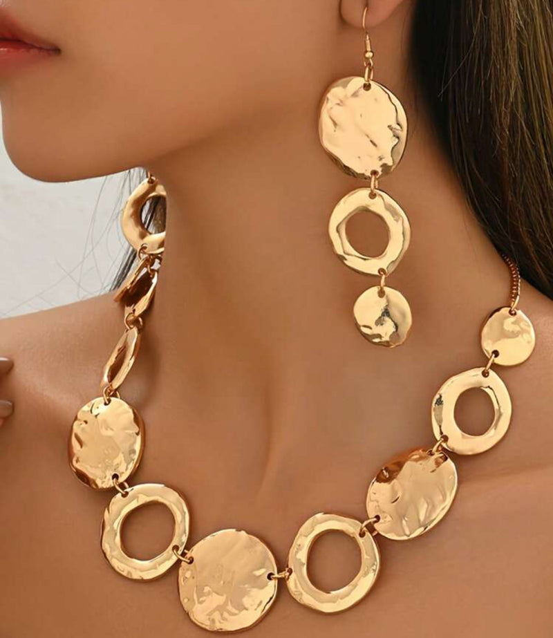 Pierced gold hammered odd shaped round and cutout necklace set