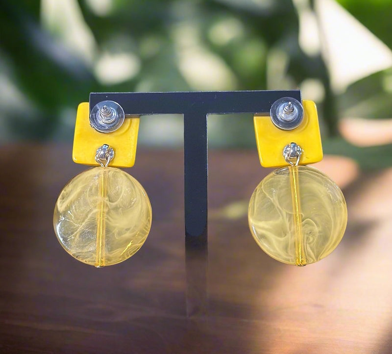 Pierced 2" silver and yellow square and dangle circle earrings