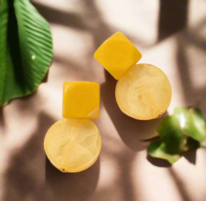 Pierced 2" silver and yellow square and dangle circle earrings