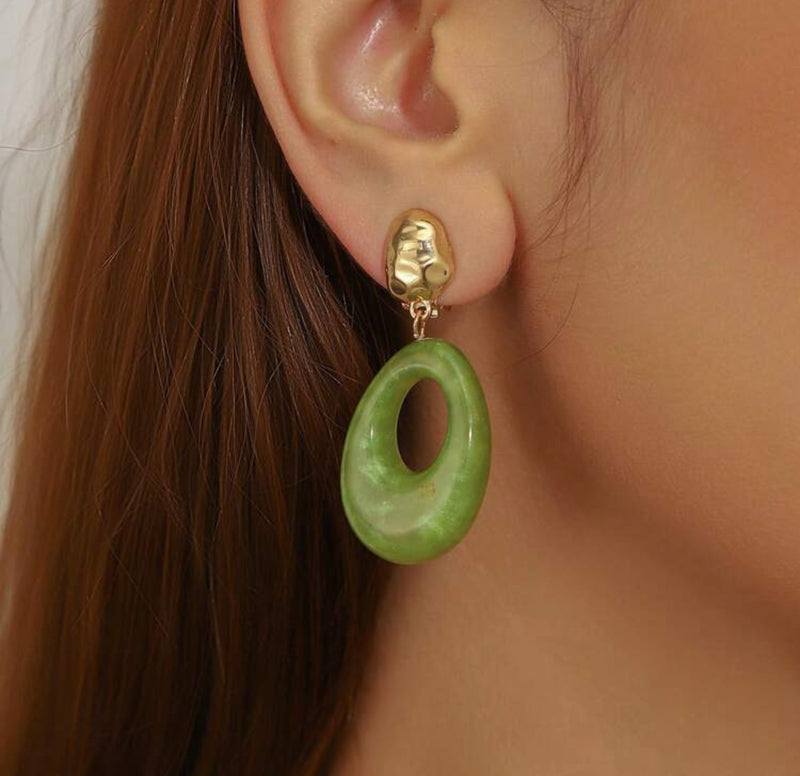 Clip on 2" hammered gold and green graduated plastic hoop earrings