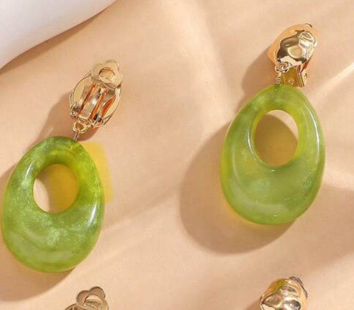 Clip on 2" hammered gold and green graduated plastic hoop earrings