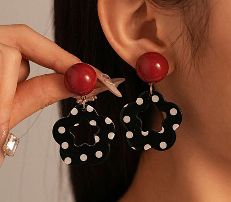 Clip on 2 1/2" gold, red, black and white polka dot round edge earrings