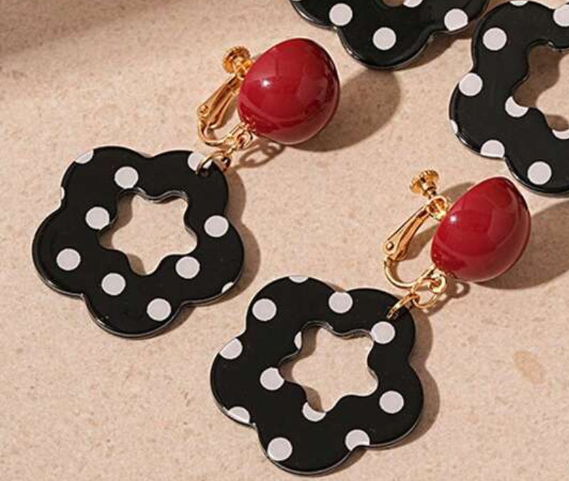 Clip on 2 1/2" gold, red, black and white polka dot round edge earrings