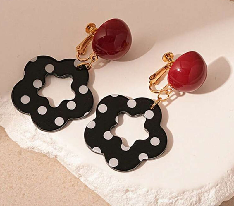 Clip on 2 1/2" gold, red, black and white polka dot round edge earrings