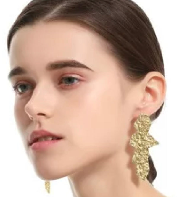 Clip on 3" gold or silver textured dangle odd shaped earrings